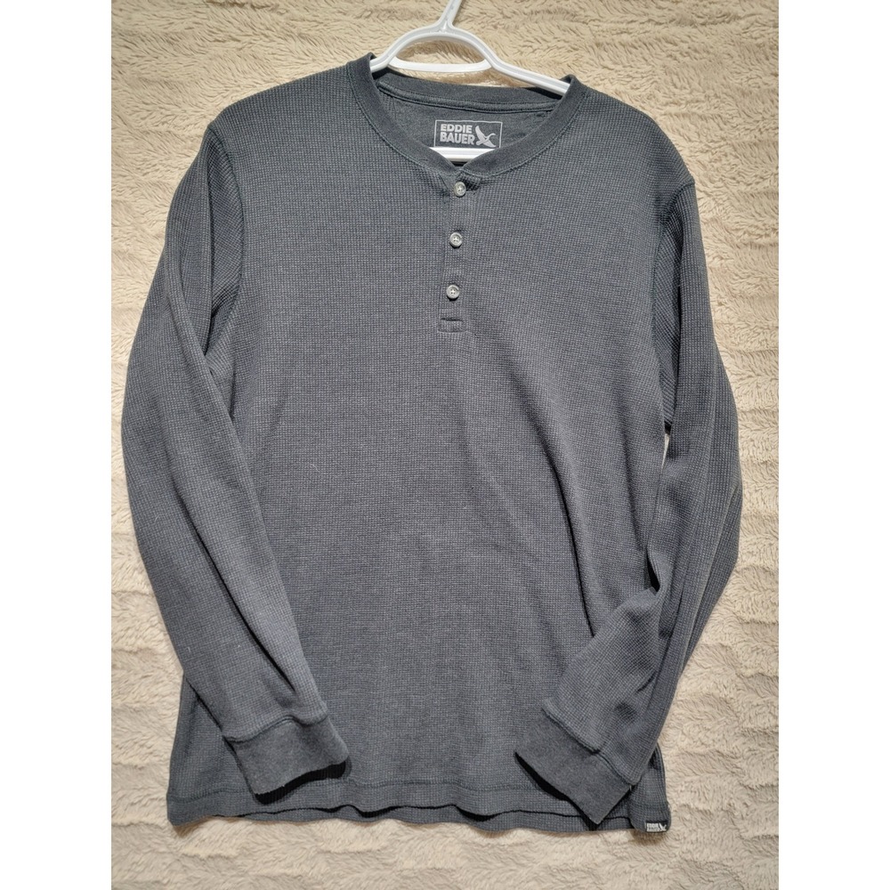 Eddie Bauer Mens Thermal Henley Shirt Gray Waffle Knit Long Sleeve Top M